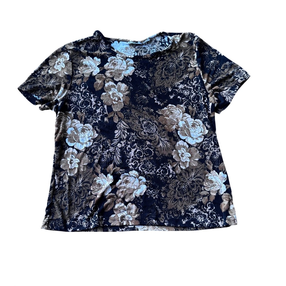 Vintage Floral Damask Short Sleeve Crew Neck Top Black Tan Cream Size L